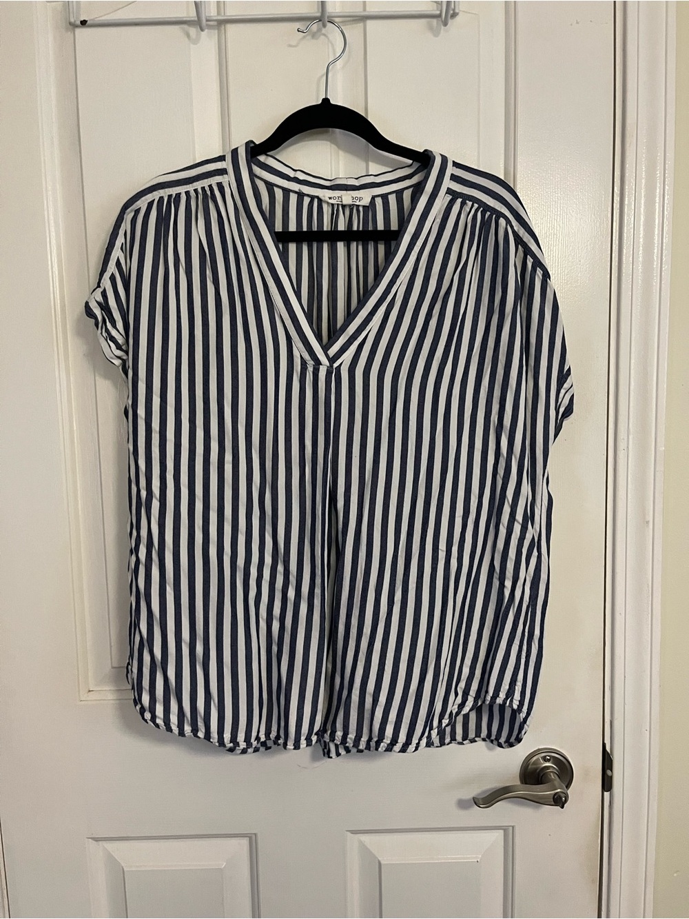 5 for $30 Women’s Navy and White Striped V-Neck Blouse - 3/4 Sleeve